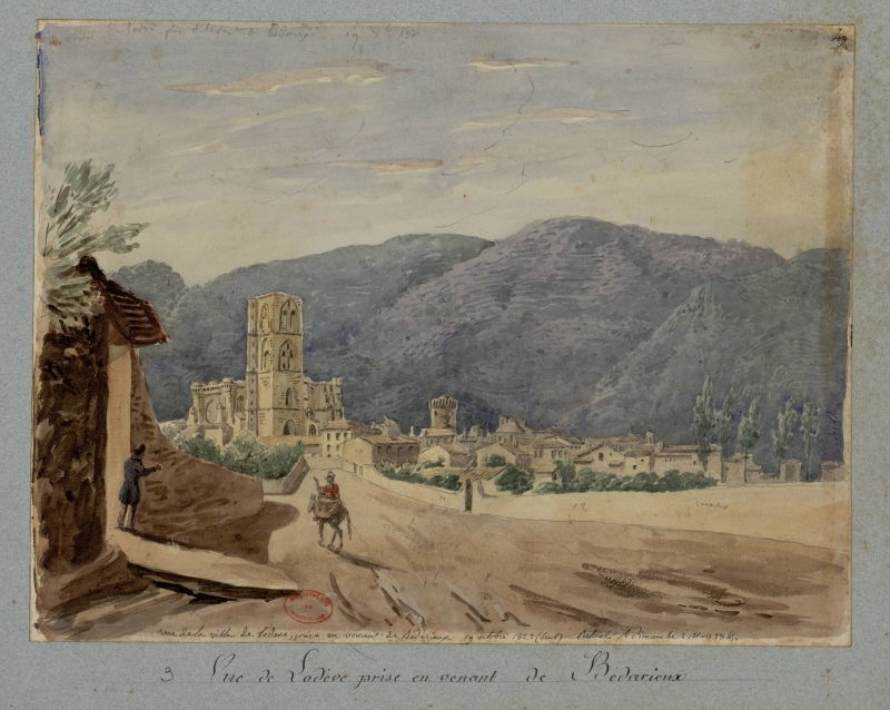 Lithographie - Vue de Lodève prise en venant de Bédarieux, 1829.